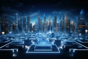 Futuristic smart city with illuminated digital connections. Generative AI photo