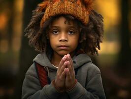 emotional dynamic pose Brazilian kid in autumn AI Generative photo