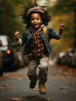 emotional dynamic pose Brazilian kid in autumn AI Generative photo