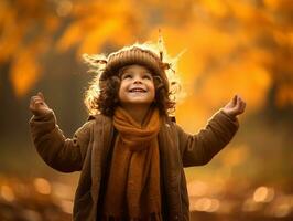 emotional dynamic pose Brazilian kid in autumn AI Generative photo