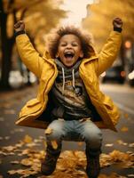 emotional dynamic pose Brazilian kid in autumn AI Generative photo