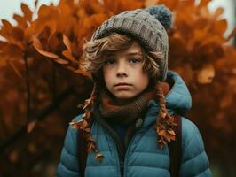 emotional dynamic pose Brazilian kid in autumn AI Generative photo