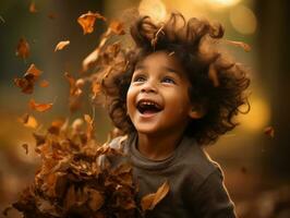 emotional dynamic pose Brazilian kid in autumn AI Generative photo