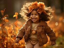 emotional dynamic pose Brazilian kid in autumn AI Generative photo