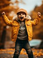 emotional dynamic pose Brazilian kid in autumn AI Generative photo