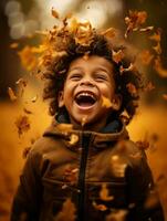 emotional dynamic pose Brazilian kid in autumn AI Generative photo