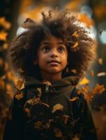 emotional dynamic pose Brazilian kid in autumn AI Generative photo