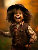 emotional dynamic pose Brazilian kid in autumn AI Generative photo