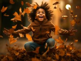 emotional dynamic pose Brazilian kid in autumn AI Generative photo