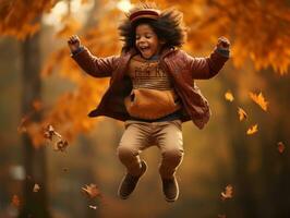 emotional dynamic pose Brazilian kid in autumn AI Generative photo