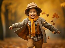 emotional dynamic pose Brazilian kid in autumn AI Generative photo