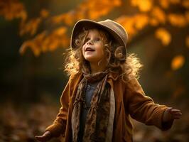 emotional dynamic pose Brazilian kid in autumn AI Generative photo