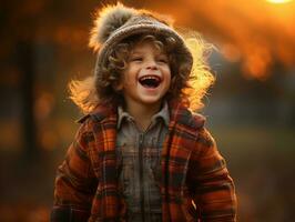 emotional dynamic pose Brazilian kid in autumn AI Generative photo