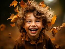 emotional dynamic pose Brazilian kid in autumn AI Generative photo