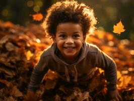 emotional dynamic pose Brazilian kid in autumn AI Generative photo