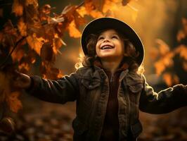 emotional dynamic pose Brazilian kid in autumn AI Generative photo