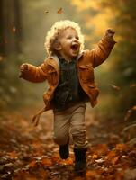 emotional dynamic pose Brazilian kid in autumn AI Generative photo