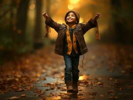 emotional dynamic pose Brazilian kid in autumn AI Generative photo