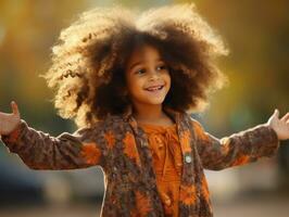 emotional dynamic pose Brazilian kid in autumn AI Generative photo