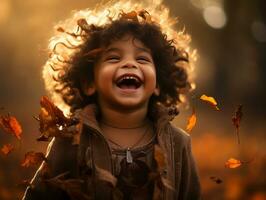 emotional dynamic pose Brazilian kid in autumn AI Generative photo