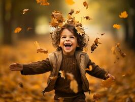 emotional dynamic pose Brazilian kid in autumn AI Generative photo