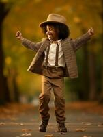 emotional dynamic pose Brazilian kid in autumn AI Generative photo