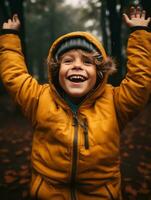 emotional dynamic pose Brazilian kid in autumn AI Generative photo