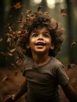 emotional dynamic pose Brazilian kid in autumn AI Generative photo