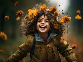 emotional dynamic pose Brazilian kid in autumn AI Generative photo