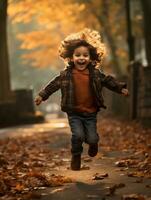 emotional dynamic pose Brazilian kid in autumn AI Generative photo