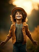 emotional dynamic pose Brazilian kid in autumn AI Generative photo