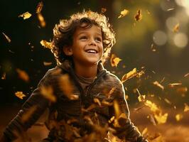 emotional dynamic pose Brazilian kid in autumn AI Generative photo