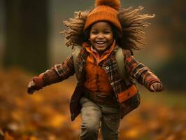 emotional dynamic pose Brazilian kid in autumn AI Generative photo