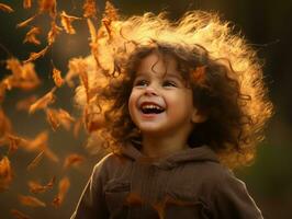 emotional dynamic pose Brazilian kid in autumn AI Generative photo