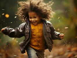 emotional dynamic pose Brazilian kid in autumn AI Generative photo