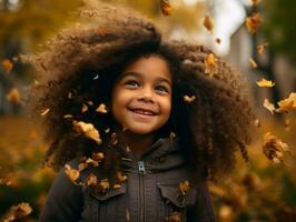 emotional dynamic pose Brazilian kid in autumn AI Generative photo