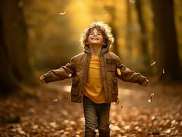 emotional dynamic pose Brazilian kid in autumn AI Generative photo