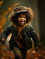 emotional dynamic pose Brazilian kid in autumn AI Generative photo