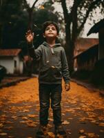 emotional dynamic pose Brazilian kid in autumn AI Generative photo