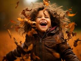 emotional dynamic pose Brazilian kid in autumn AI Generative photo