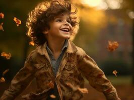 emotional dynamic pose Brazilian kid in autumn AI Generative photo