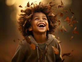 emotional dynamic pose Brazilian kid in autumn AI Generative photo