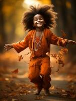 emotional dynamic pose Brazilian kid in autumn AI Generative photo