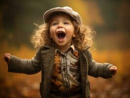 emotional dynamic pose Brazilian kid in autumn AI Generative photo