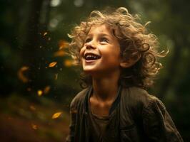 emotional dynamic pose Brazilian kid in autumn AI Generative photo