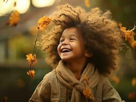 emotional dynamic pose Brazilian kid in autumn AI Generative photo