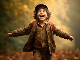 emotional dynamic pose Brazilian kid in autumn AI Generative photo