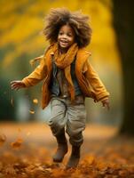 emotional dynamic pose Brazilian kid in autumn AI Generative photo