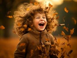 emotional dynamic pose Brazilian kid in autumn AI Generative photo