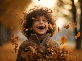 emotional dynamic pose Brazilian kid in autumn AI Generative photo